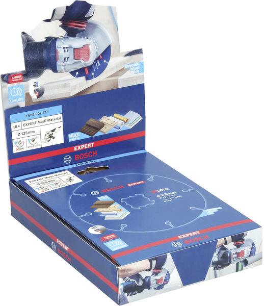 Bosch Expert Multimaterial-Trennscheibe 125mm Verpackung mit Bedienungsanleitung und Anwendungen für Holz, Metall und Kunststoff.