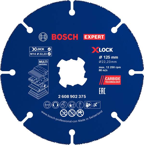Verstärkter 125 mm Bosch Expert X-Lock Trennscheibe für Mehrwerkstoffe mit Carbide-Technologie. Maximale Drehzahl: 12.250 U/min, 80 m/s.