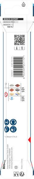 Verpackung für Bosch Expert Stichsägeblatt mit Modellnummer T 367 XHM, QR-Code, Verwendungssymbole und Sicherheitsanweisungen.