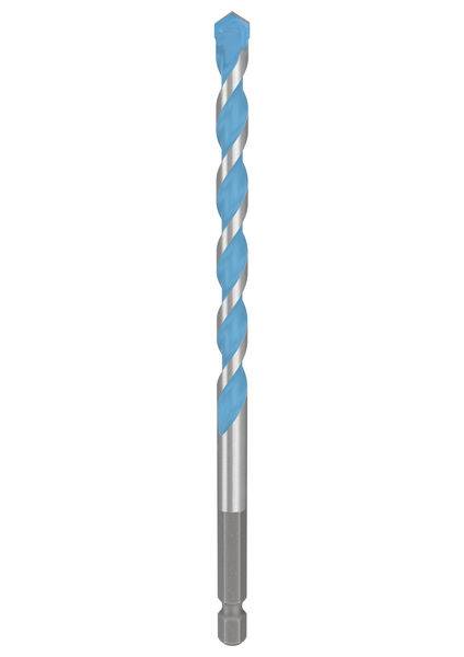 Ein blauer und silberfarbener Bohrer mit spiralförmigem Design und sechskantigem Schaft, verwendet zum Bohren in verschiedene Materialien.