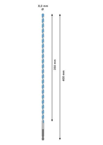 Bohrbit mit 8,0 mm Durchmesser und blauem Spiraldesign, 400 mm Länge, 350 mm Spirallänge.