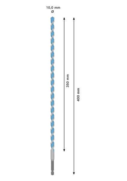 Bohrer: 10,0 mm Durchmesser, 400 mm Länge. Merkmale blauem Spiraldesign und beschrifteten Abmessungen, die die Bohrergröße und Skala anzeigen.