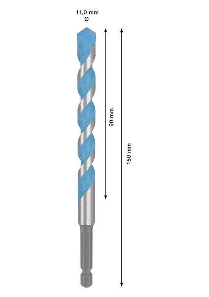 Ein Spiralbohrer mit blauen und metallischen Spiralen wird gezeigt. Er hat eine Gesamtlänge von 150 mm und einen Durchmesser von 11 mm.