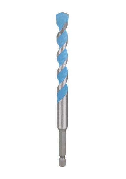 Eine Nahaufnahme eines einzelnen Metallbohrers mit einem blau-silbernen Spiralmuster, das sein einzigartiges Muster und seine Struktur zeigt.