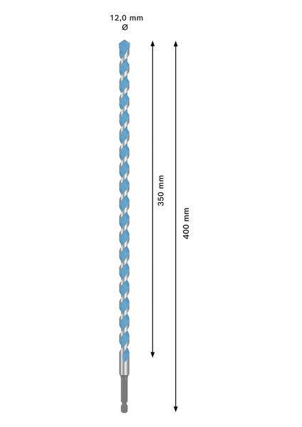 Bohrspitzenendiagramm mit verdrehtem Design, Durchmesser 12,0 mm, Länge 400 mm und Verdrehungsbereich von 350 mm mit beschrifteten Abmessungen.