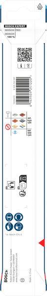 Rückseite der Bosch-Verpackung. Zeigt Sicherheitssymbole, Produktdetails und einen QR-Code. Höchstgeschwindigkeit „80 m/s