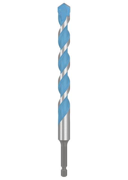 Ein Stahlbohrer mit Spiraldesign und blauen Akzenten, der zum Erstellen von Löchern in Materialien wie Holz, Metall oder Mauerwerk verwendet wird.