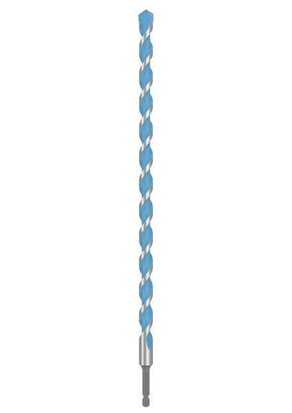 Ein langes, dünnes, blaues Bohrerkzeugs mit einer Spiralnut, das für Präzisionsbohrungen in Materialien wie Holz oder Metall konzipiert ist.