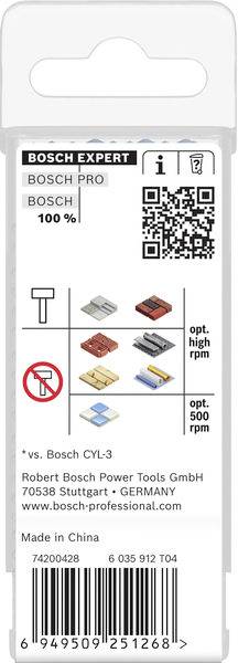 Verpackung für Bosch-Bohrer mit Details zu folgenden Merkmalen: Kompatibilität mit hohen Drehzahlen, Vergleich mit Bosch CYL-3 und Herstellerinformationen.