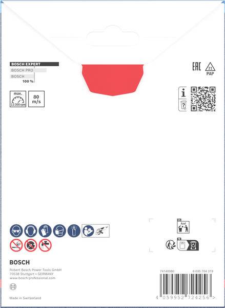 Rückseite einer Bosch-Verpackung mit Produktdetails, QR-Code, Geschwindigkeitsbewertungssymbolen und Recyclinginformationen.