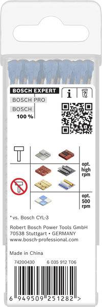 Verpackung des Bosch Expert-Spiralbohrersatzes mit blauen Spiralbohren, QR-Code, Vergleichstabelle und Unternehmensangaben. Hergestellt in China.