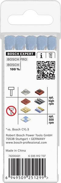 Verpackung für Bosch Expert Steinbohrer mit QR-Code, Produktsymbolen, die die Leistung auf verschiedenen Materialien anzeigen, und Unternehmensdetails.