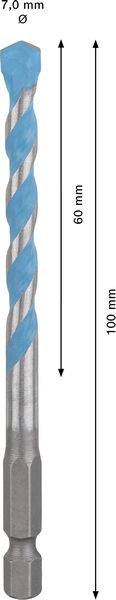 Ein Metallbohrer mit blauem Spiraldesign, mit einem Durchmesser von 7,0 mm, einer Länge von 60 mm und einer Gesamtlänge von 100 mm, wird vertikal dargestellt.