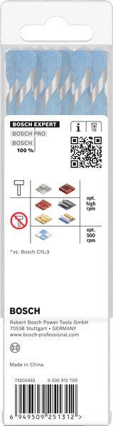 Ein Satz von fünf goldfarben Bohrern in verschiedenen Größen, gekennzeichnet mit Durchmessern: 3,2 mm, 2,8 mm, 2,4 mm, 1,6 mm, 1,2 mm, 0,8 mm, in einem blauen Koffer.