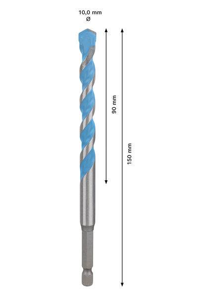 Ein Stahlbohrer mit Spirale, blauer Spitze und Maßangaben, die einen Durchmesser von 10,0 mm und eine Länge von 150 mm mit 90 mm freigelegter Spirale anzeigen.