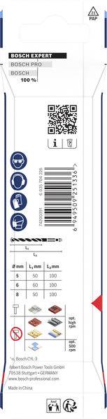 Verpackung für Bosch Expert-Werkzeuge mit QR-Code, Barcode, Produktsymbol und Nutzungsprozentsätzen. Enthält Sicherheitssymbole und Kontaktinformationen.