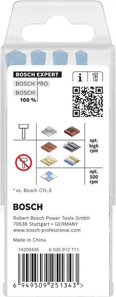Paket mit Bohrern mit QR-Code, Bosch-Branding. Empfohlen für Stein, Beton, Keramik. Vergleichsgrafik mit Bosch CYL-3 Bohrern. Hergestellt in China.