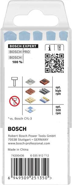 Die Verpackung von Bosch Expert Bohrern zeigt die Verwendung auf verschiedenen Materialien, einschließlich Ziegel und Fliesen, mit optimalen hohen Drehzahloptionen und Längenvarianten.