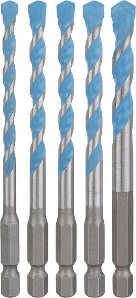Fünf Steinbohrer mit Sechskantschäften und blauen Spiralspitzen, vertikal ausgerichtet.