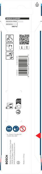 Rückseite der Produktverpackung 'Bosch Expert', mit Barcode, Sicherheitssymbolen, QR-Code und Handhabungssymbolen. Das Verpackungsdesign ist hauptsächlich weiß.