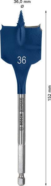 Ein blauer flacher Holzbohrer, 36 mm Durchmesser, 152 mm Länge, mit Logo und Maßstabsangaben.