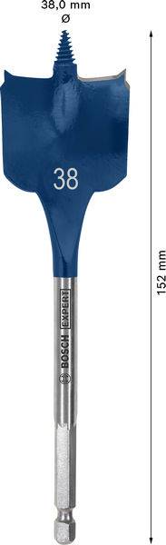 Ein blauer, flacher Holzbohrer mit der Kennzeichnung „38