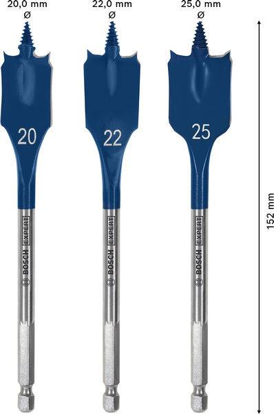 Drei flache Bohrer mit den Bezeichnungen '20', '22', '25' mm und einer Länge von jeweils 152 mm sind abgebildet.