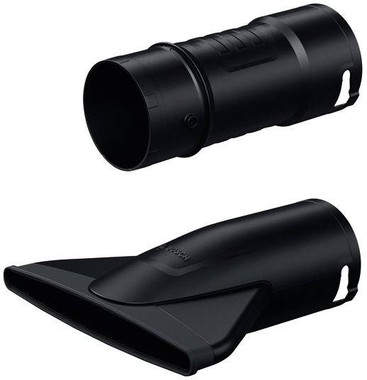 Ein Bild mit zwei schwarzen Staubsauger-Aufsätzen: Ein zylindrischer Bürstenaufsatz über einem flachen Saugdüsen-Aufsatz.