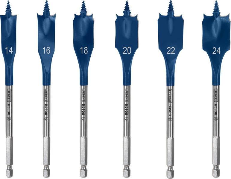 Satz von sechs blauen Bohrern mit den Nummern 14, 16, 18, 20, 22 und 24 auf den Köpfen; jeder hat einen silbernen Schaft mit einem Markennamen gekennzeichnet.