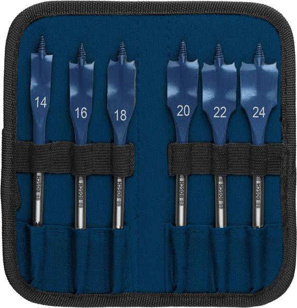 Satz aus sechs blauen Bohrern in den Größen 14, 16, 18, 20, 22 und 24, organisiert in einer schwarzen Werkzeugtasche vor blauem Hintergrund.