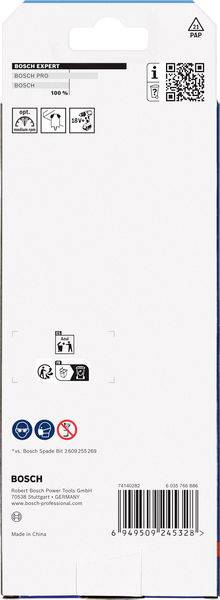 Rückseite der Bosch-Verpackung mit Logos und QR-Code. Enthält Produktdetails, Verwendungssymbole, Sicherheitswarnungen, Barcode und Text 