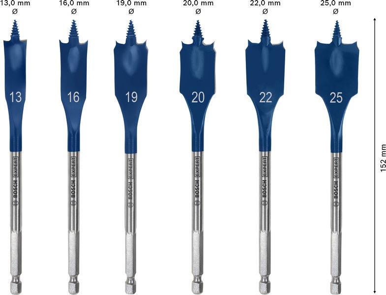 „Bild zeigt sechs blaue Spatbohrer in den Größen 13mm, 16mm, 19mm, 20mm, 22mm und 25mm, jeweils mit einer Gesamtlänge von 152mm.