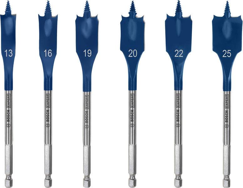 Ein Satz von sechs blauen Spatenbohrern mit gekennzeichneten Größen: 13, 16, 19, 20, 22, 25. Jeder hat eine spitze Spitze und einen flachen Körper zum Bohren in Holz.