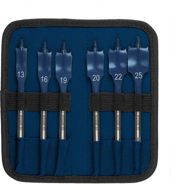 Satz von sechs blauen Spatbohrern in einem schwarzen und blauen Stoffetui, beschriftet mit Größen: 13, 16, 19, 20, 22, 25.