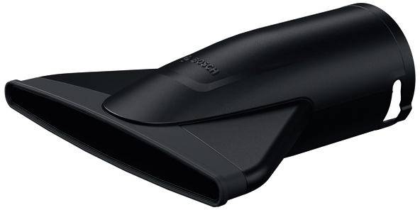 Schwarze Kunststoff-Staubsauger-Düse mit breiter, flacher Öffnung und abgerundetem Befestigungsende, entworfen zum Reinigen von Polstermöbeln oder engen Räumen.