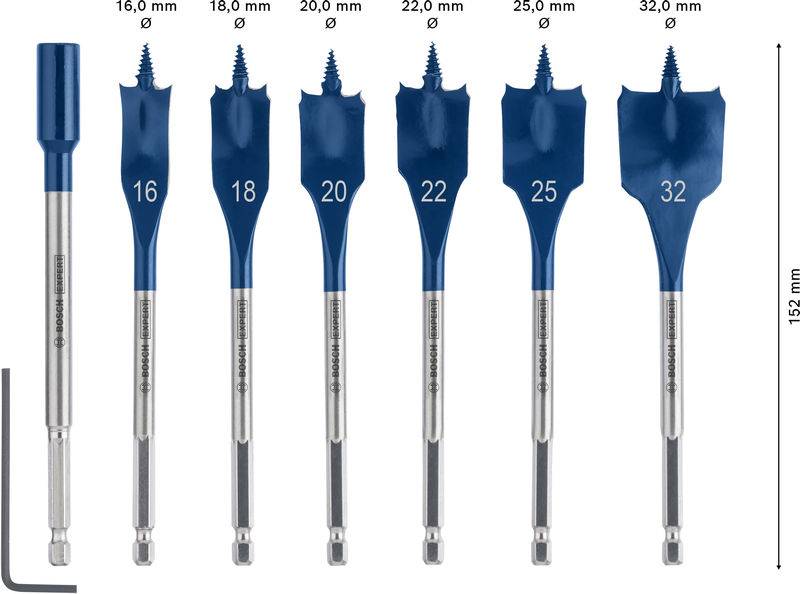 'Spade-Bohrersatz' mit sieben blauen Bohrern in verschiedenen Größen von 16,0 mm bis 32,0 mm, mit Beschriftung über jedem Bohrer und einem Maßstab, der eine Höhe von 152,7 mm anzeigt.