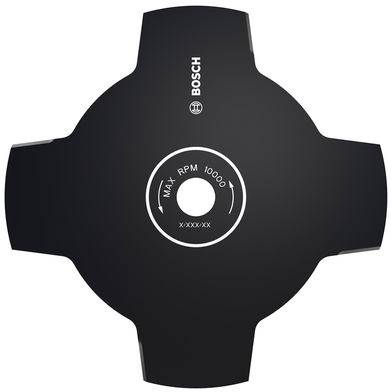 Ein schwarzes kreisförmiges Sägeblatt mit vier breiten Zähnen, mit den Beschriftungen „Bosch