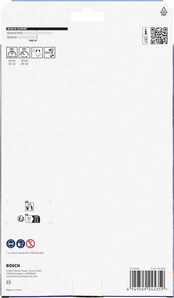 Rückseite der Bosch Expert Stichsägeblatt-Verpackung mit Spezifikationen, Gebrauchsanweisungen, QR-Code, Recycling-Symbol und Produktwarnungen.