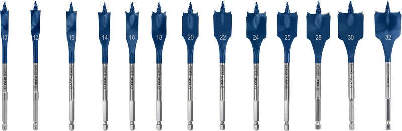 Dreizehn blaue Spatbohrer in einer Reihe, in unterschiedlichen Größen von 12 bis 32 mm, jeder mit seinem entsprechenden Durchmesser gekennzeichnet.