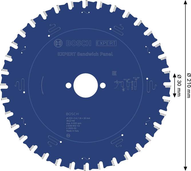 Sägeblatt zum Schneiden von Sandwich-Platten, mit der Bezeichnung Bosch Expert. Durchmesser: 310 mm. Verfügt über 30 schräg angeordnete Zähne für präzise Schnitte.