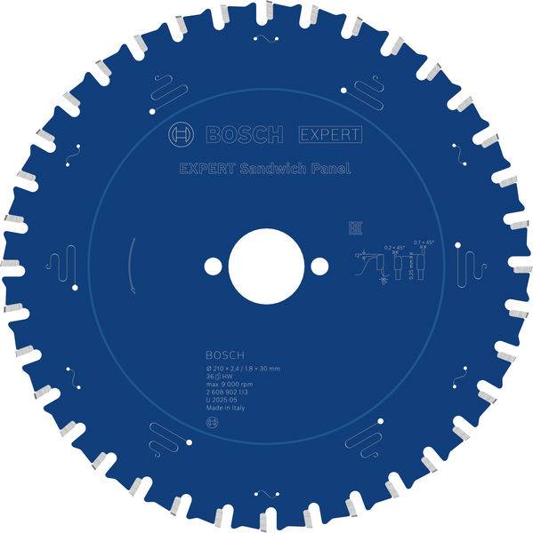 Bosch Expert Sandwichplattensägeblatt, 216 x 30 mm, maximale Drehzahl 90 U/min, hergestellt in Italien, mit Hartmetallzähnen für präzises Schneiden.