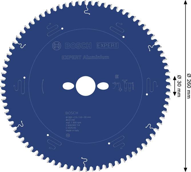 Sägeblatt mit der Bezeichnung BOSCH EXPERT Aluminium, 216 mm Durchmesser, 40 Zähne, detaillierte Spezifikationen zum Schneiden von Aluminium, Stahlfarbe.