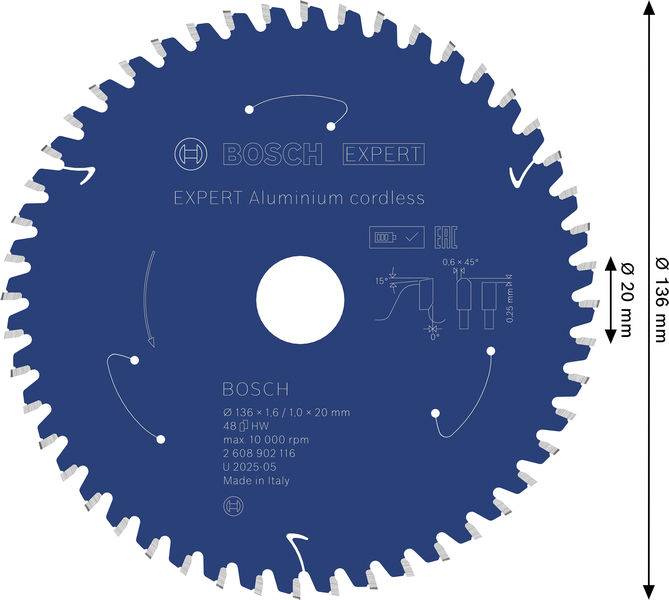 Eine kreisförmige, blaue Sägeblatt mit der Bezeichnung „BOSCH EXPERT Aluminium cordless