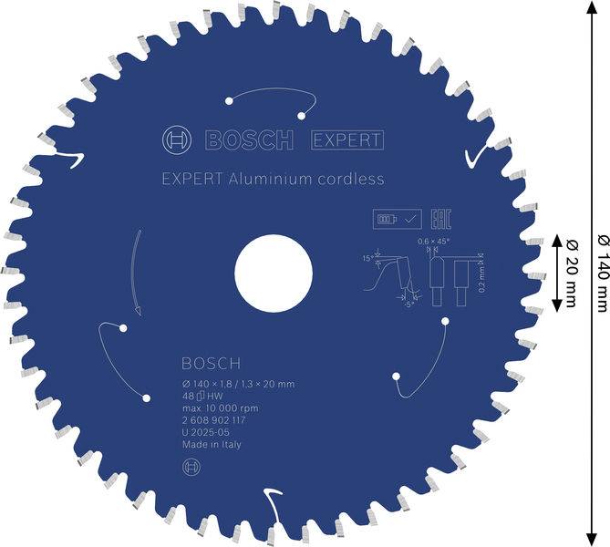 Ein Kreissägeblatt mit der Bezeichnung „BOSCH EXPERT Aluminum cordless