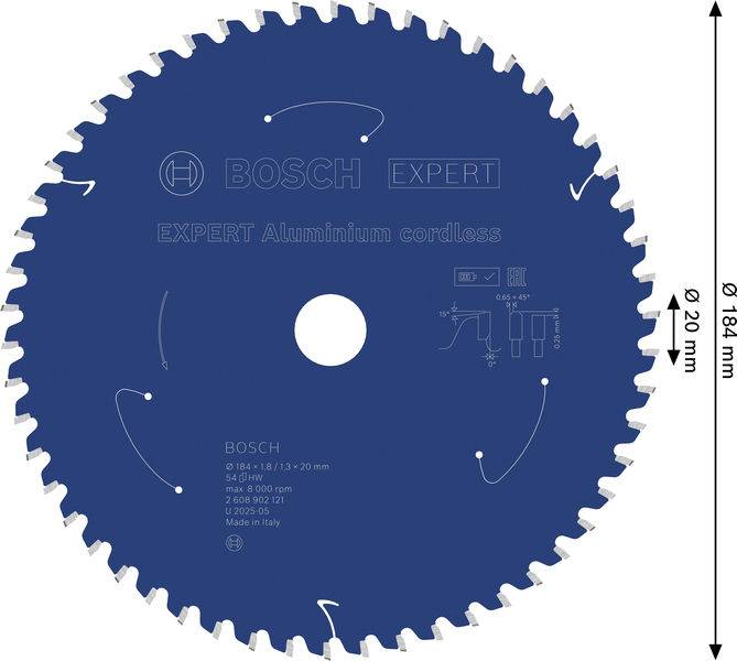 BOSCH EXPERT Sägeblatt für Akkukreissägen aus Aluminium; Durchmesser: 184 mm und 210 mm; einschließlich Modellnummer und Schneidespezifikationen.