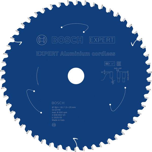 Kreissägeblatt mit gezahntem Rand, beschriftet mit „Bosch Expert Aluminium cordless