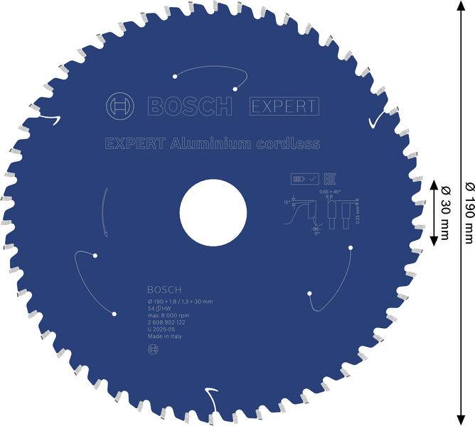 Sägeblatt mit Bezeichnung BOSCH Expert zum Schneiden von Aluminium, Durchmesser 190 mm, 60 Zähne, geeignet für kabellose Elektrowerkzeuge, hergestellt in Italien.