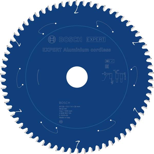 Ein blauer kreisförmiger Sägeblatt mit der Aufschrift "Bosch Expert Aluminium cordless", entwickelt zum Schneiden.
