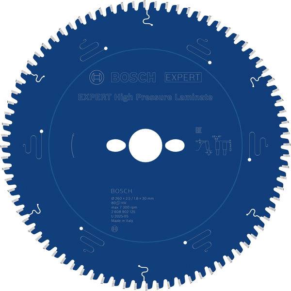 Kreissägeblatt mit scharfen gezahnten Kanten, blauer Oberfläche und Text, der angibt, dass es für die Verwendung bei „EXPERT Hochdrucklaminat