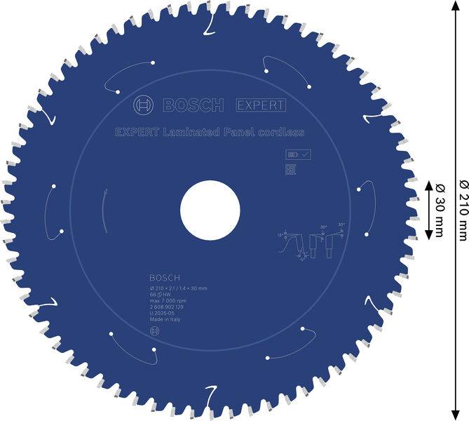 Sägeblatt zum Schneiden von Sperrholzplatten, 210 mm Durchmesser, 30 mm Dornloch. Bosch Expert-Branding auf der blauen Oberfläche sichtbar.